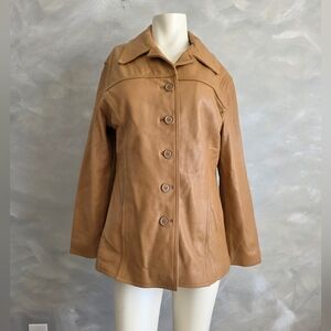 Camel Tan Collar Button Down Leather Trench Coat Jacket Thermolite M